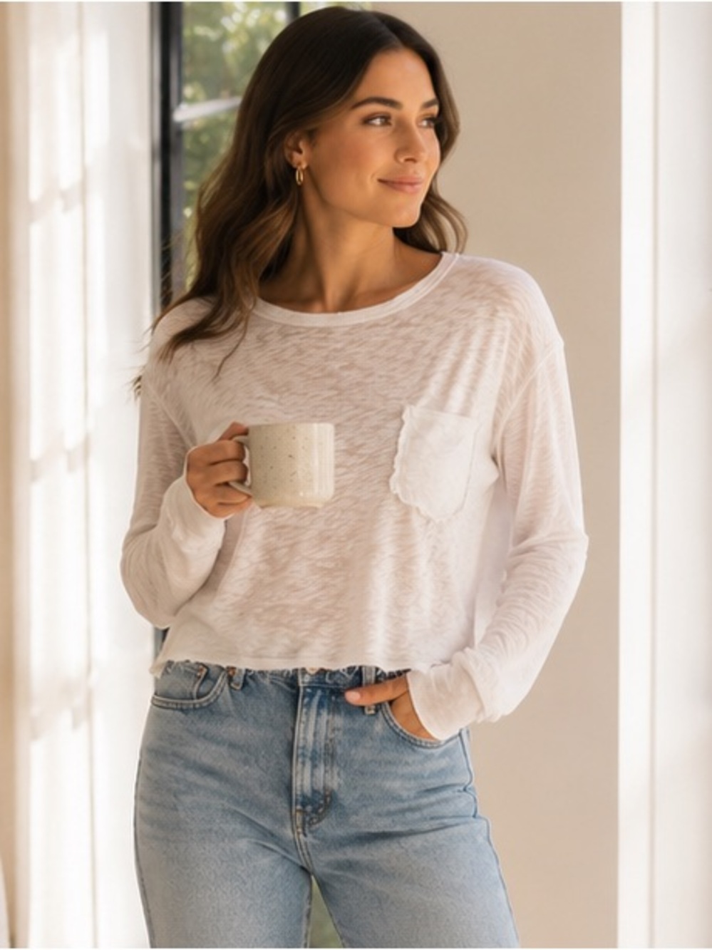 Anthropologie t.la White Slub Cotton Pocket Tee | Long Sleeve Raw Hem | M